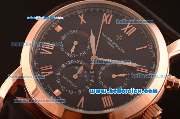 Vacheron Constantin Automatic Rose Gold Case with Black Dial and Black Leather Strap - Click Image to Close